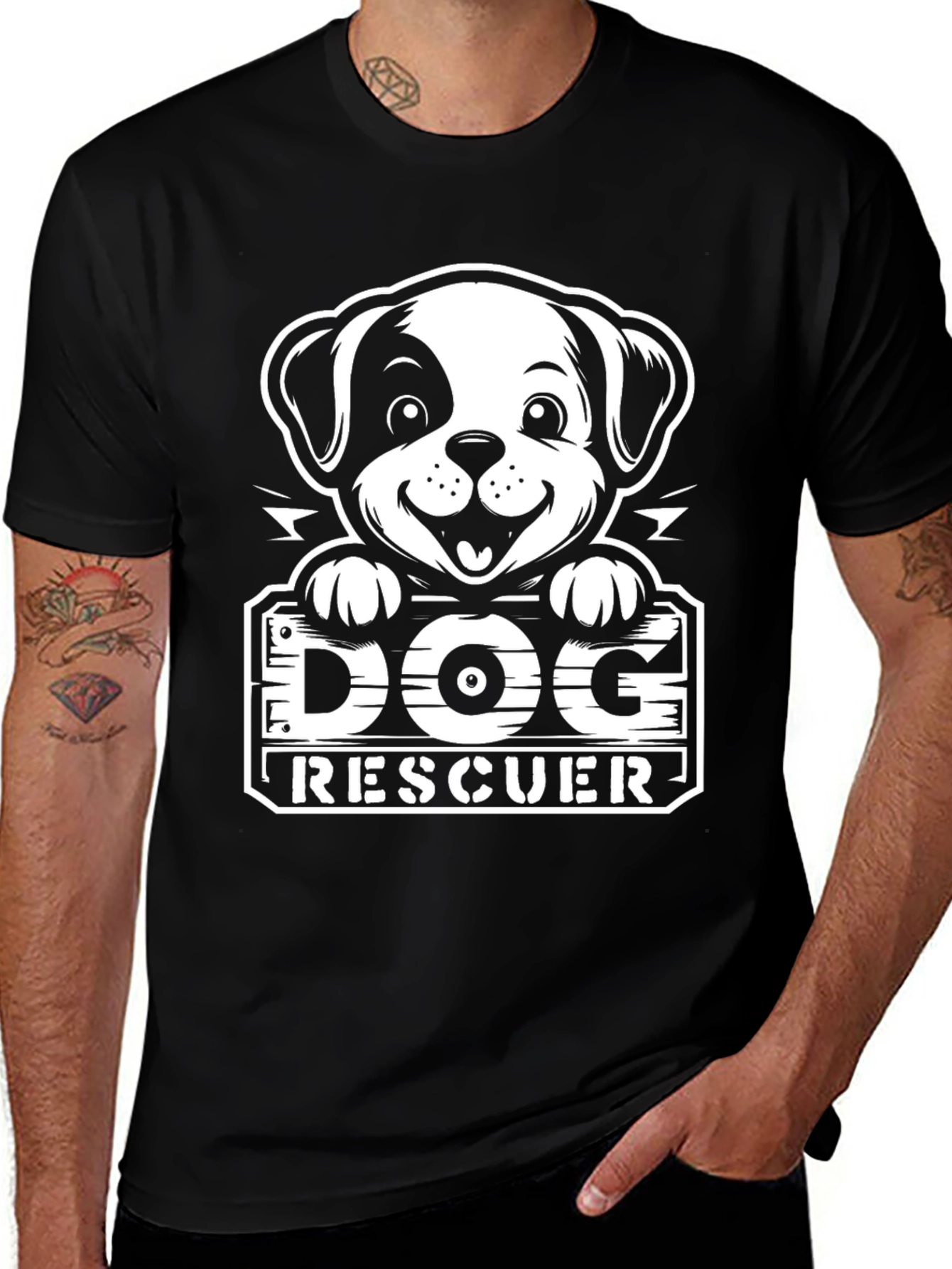 Dog Rescuer T-Shirt - Black Cartoon Pup Design