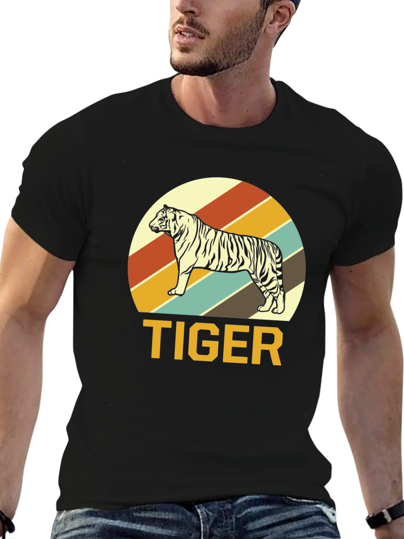 Retro Tiger Graphic Tee - Black Cotton T-Shirt