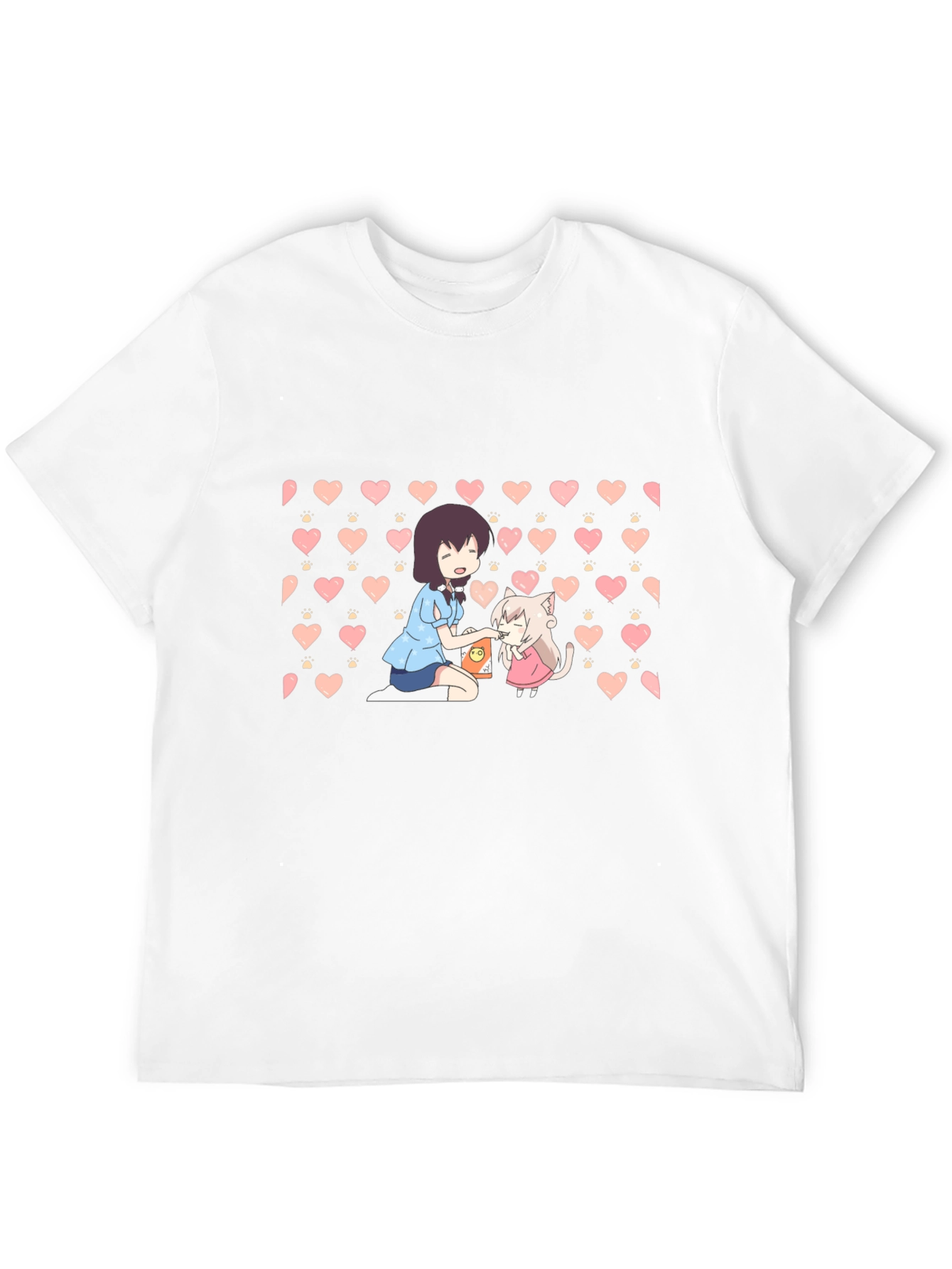 Anime Girl & Cat Heart Pattern Black T-Shirt