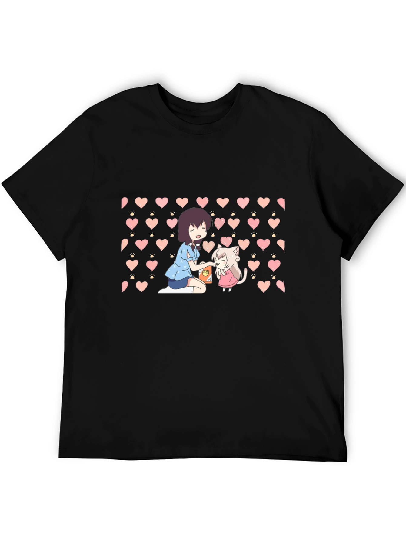 Anime Girl & Cat Heart Pattern Black T-Shirt