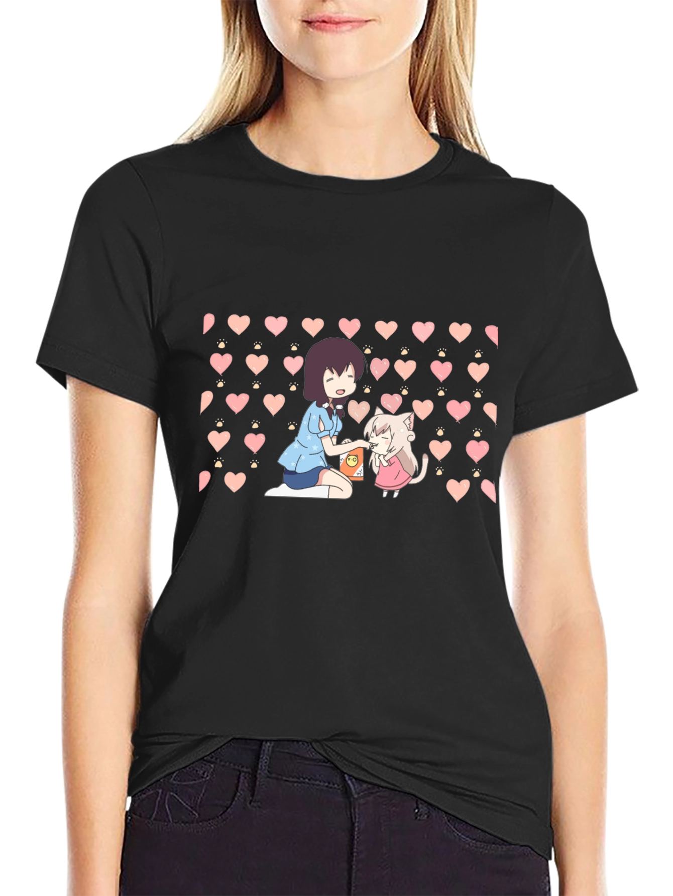 Anime Girl & Cat Heart Pattern Black T-Shirt
