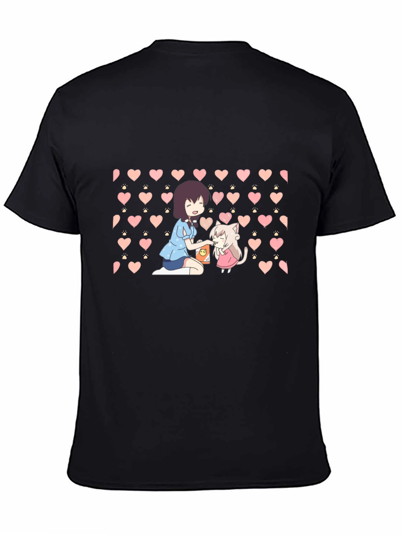 Anime Girl & Cat Heart Pattern Black T-Shirt