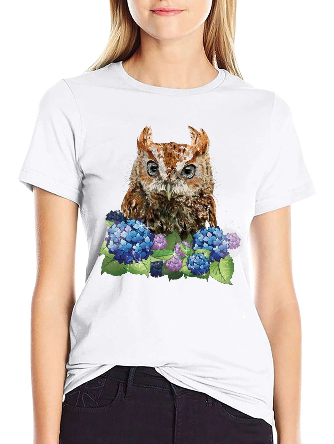 Owl & Hydrangea Graphic Tee - Black T-Shirt