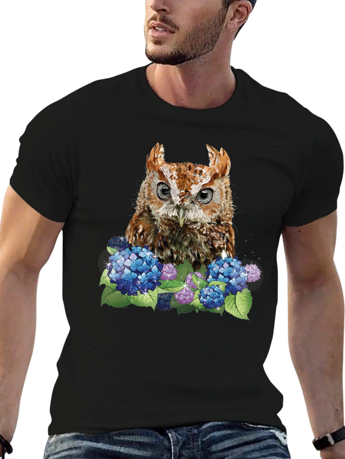 Owl & Hydrangea Graphic Tee - Black T-Shirt