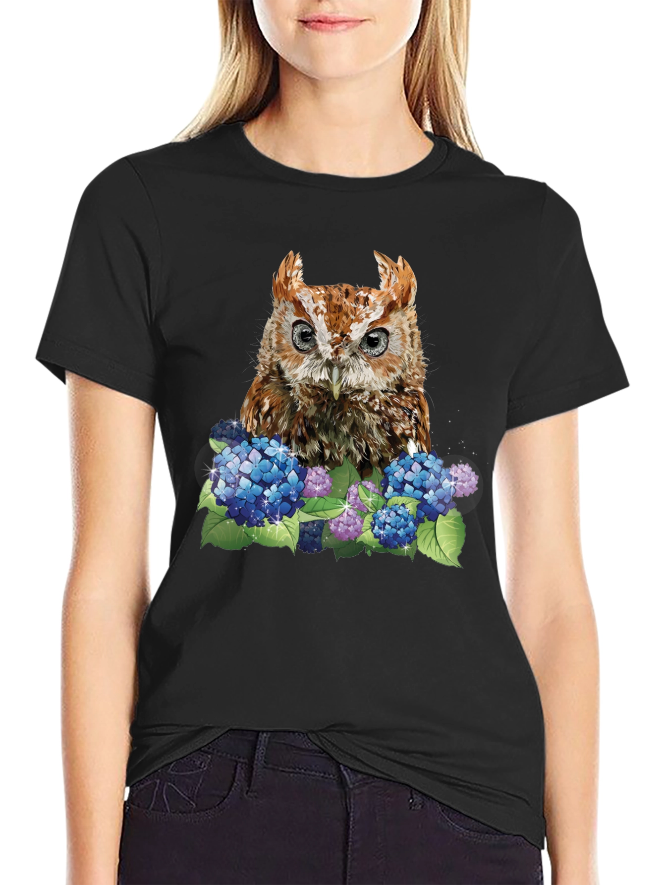 Owl & Hydrangea Graphic Tee - Black T-Shirt