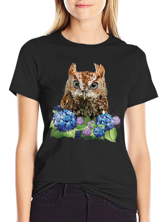 Owl & Hydrangea Graphic Tee - Black T-Shirt
