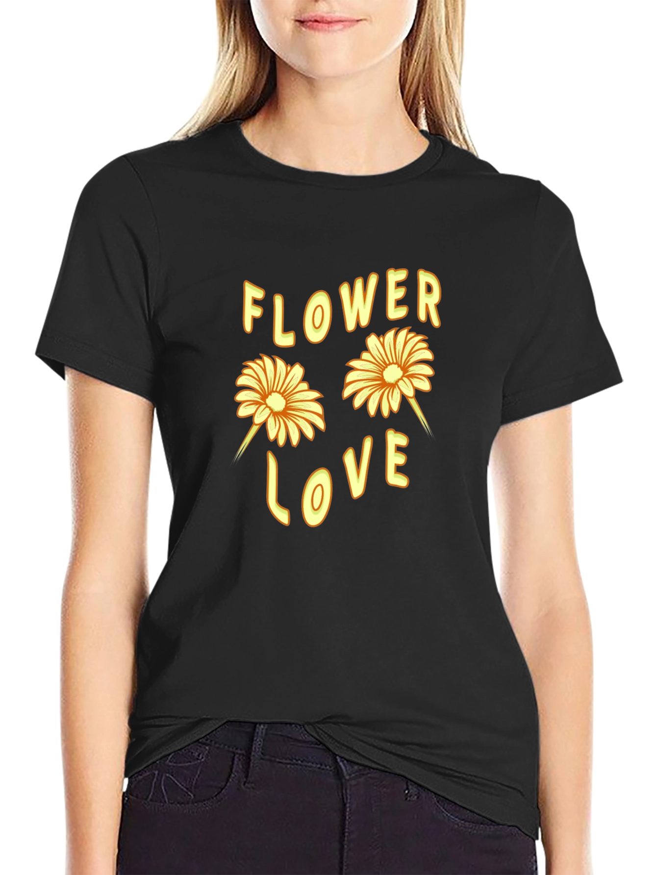 Flower Love Graphic Tee - Black Cotton T-Shirt