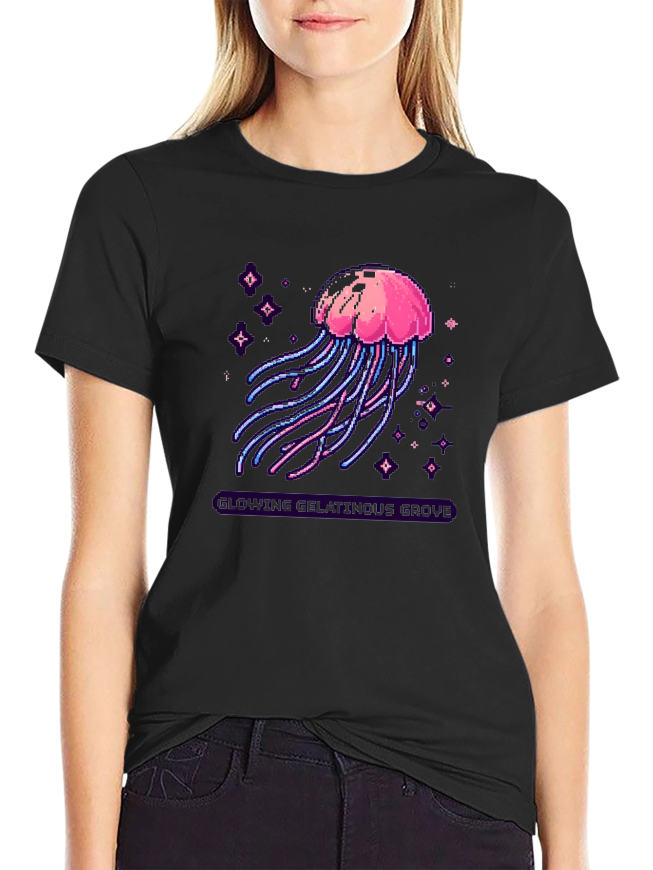 Pixel Jellyfish Graphic Tee - Black Cotton Blend