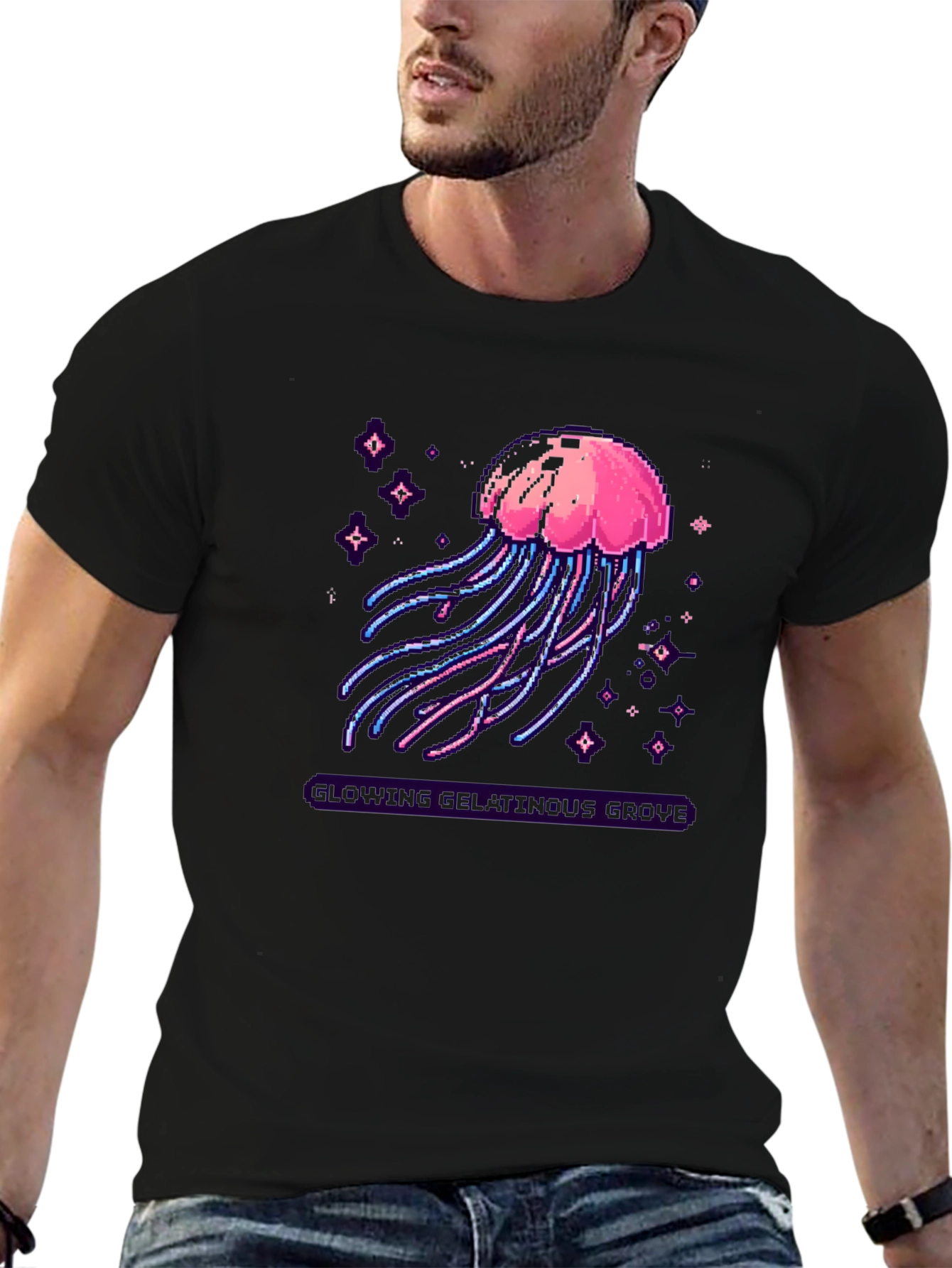 Pixel Jellyfish Graphic Tee - Black Cotton Blend