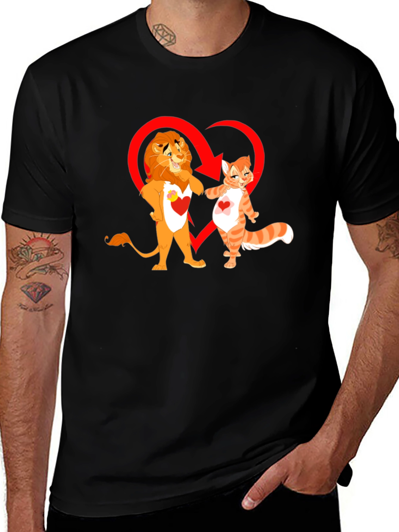 Lion and Cat Love Black T-Shirt