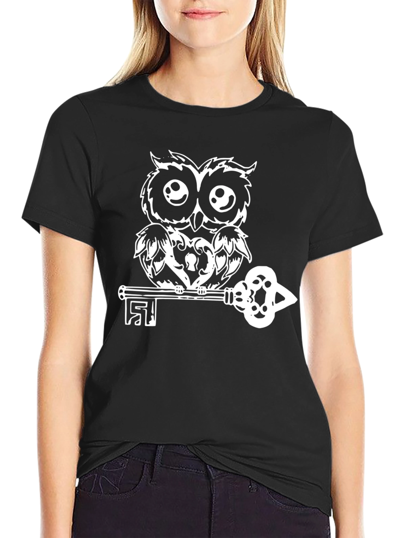 Owl on Key Black T-Shirt - Unique Graphic Tee