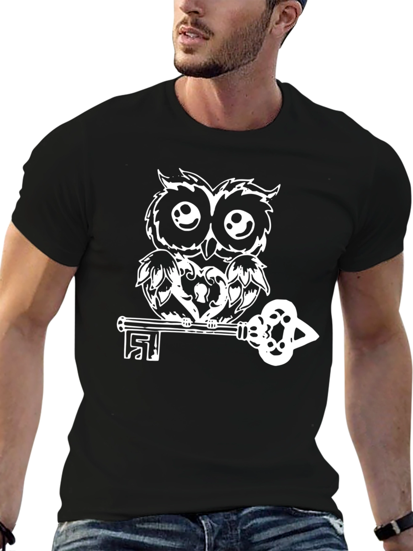 Owl on Key Black T-Shirt - Unique Graphic Tee