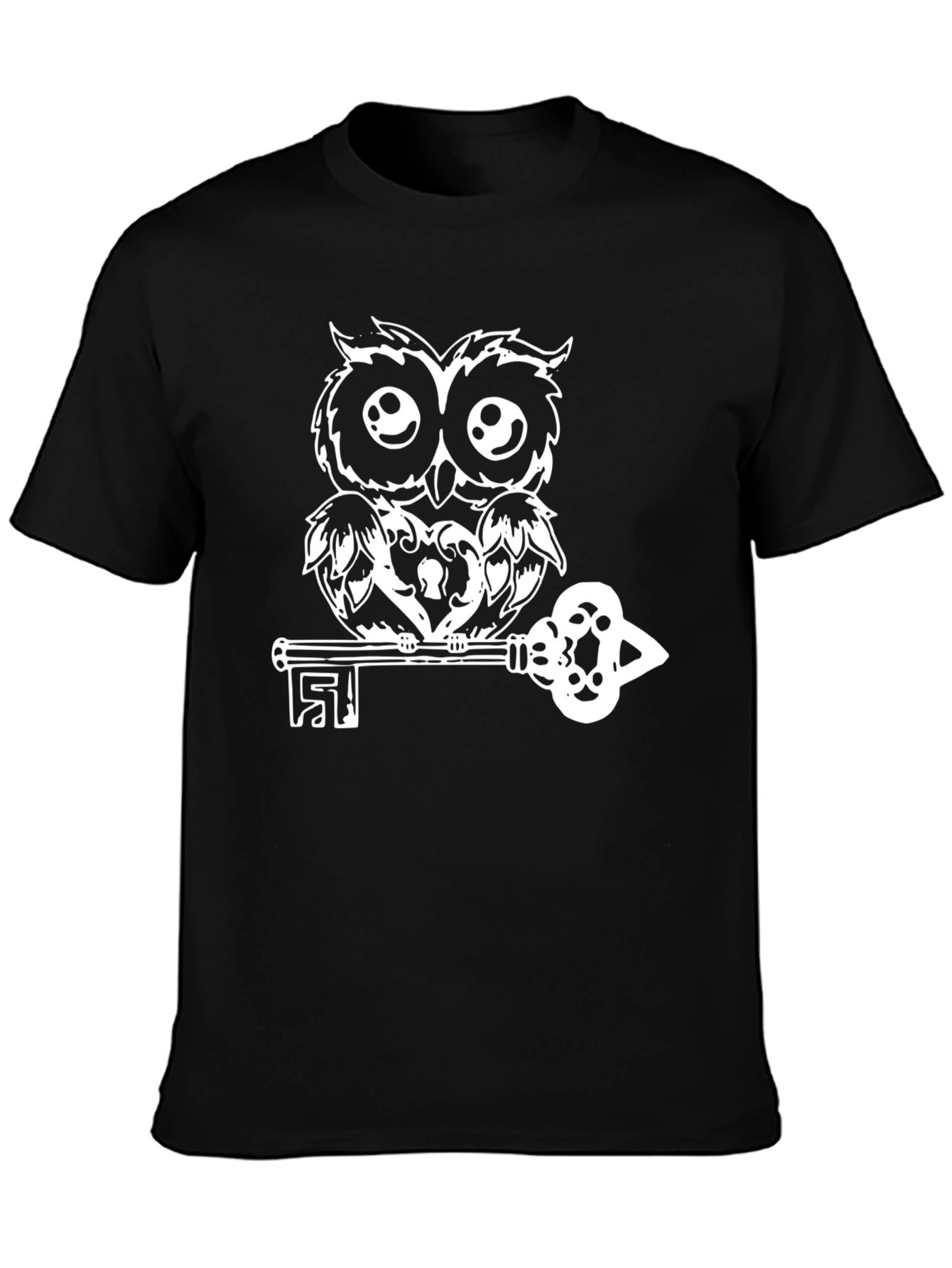 Owl on Key Black T-Shirt - Unique Graphic Tee