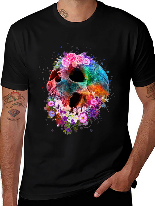 Floral Skull Graphic Tee - Black Cotton Blend