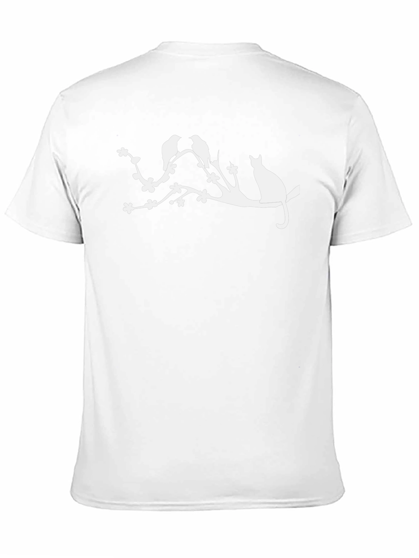 Nature Inspired Black T-Shirt with Cat & Birds