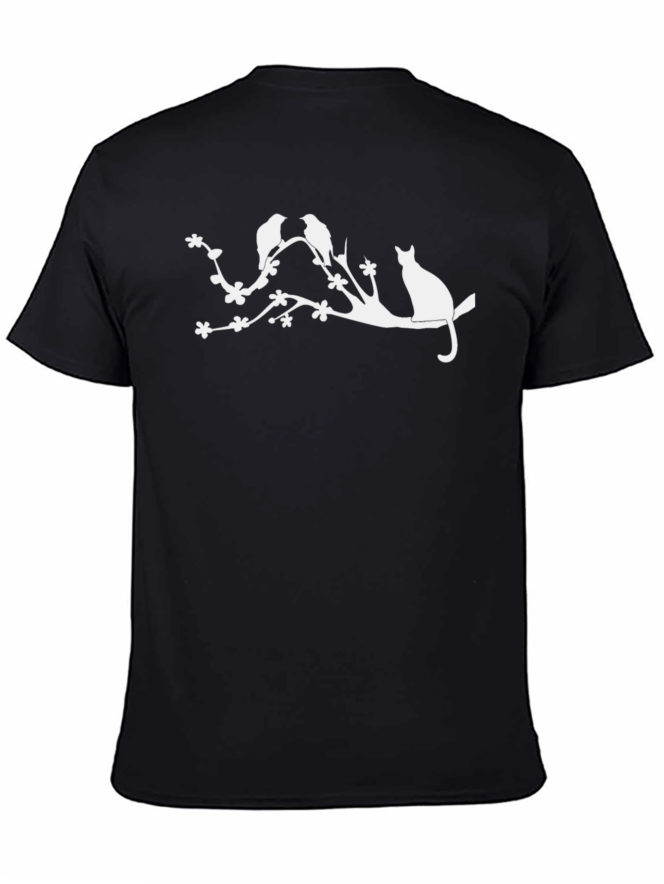 Nature Inspired Black T-Shirt with Cat & Birds