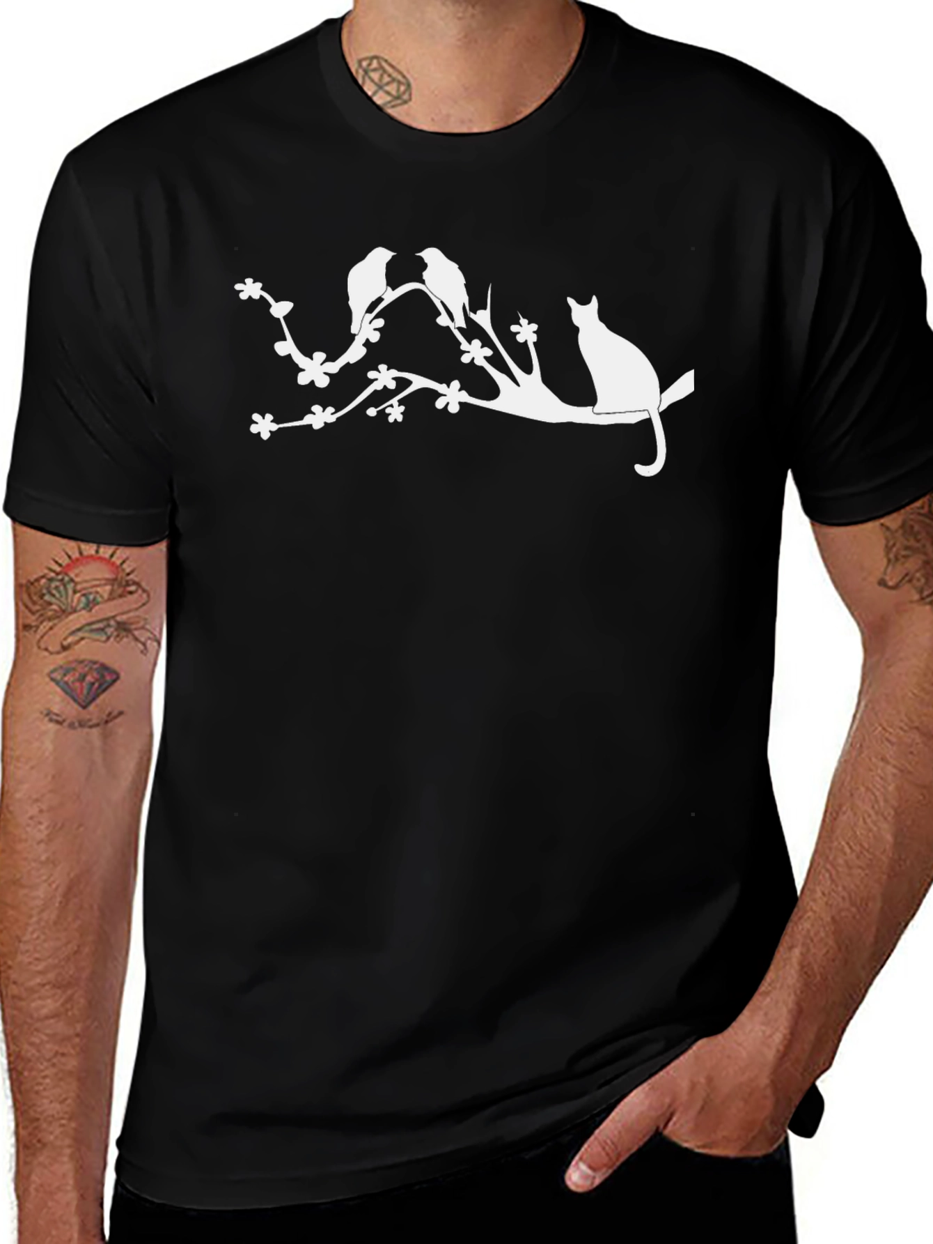Nature Inspired Black T-Shirt with Cat & Birds