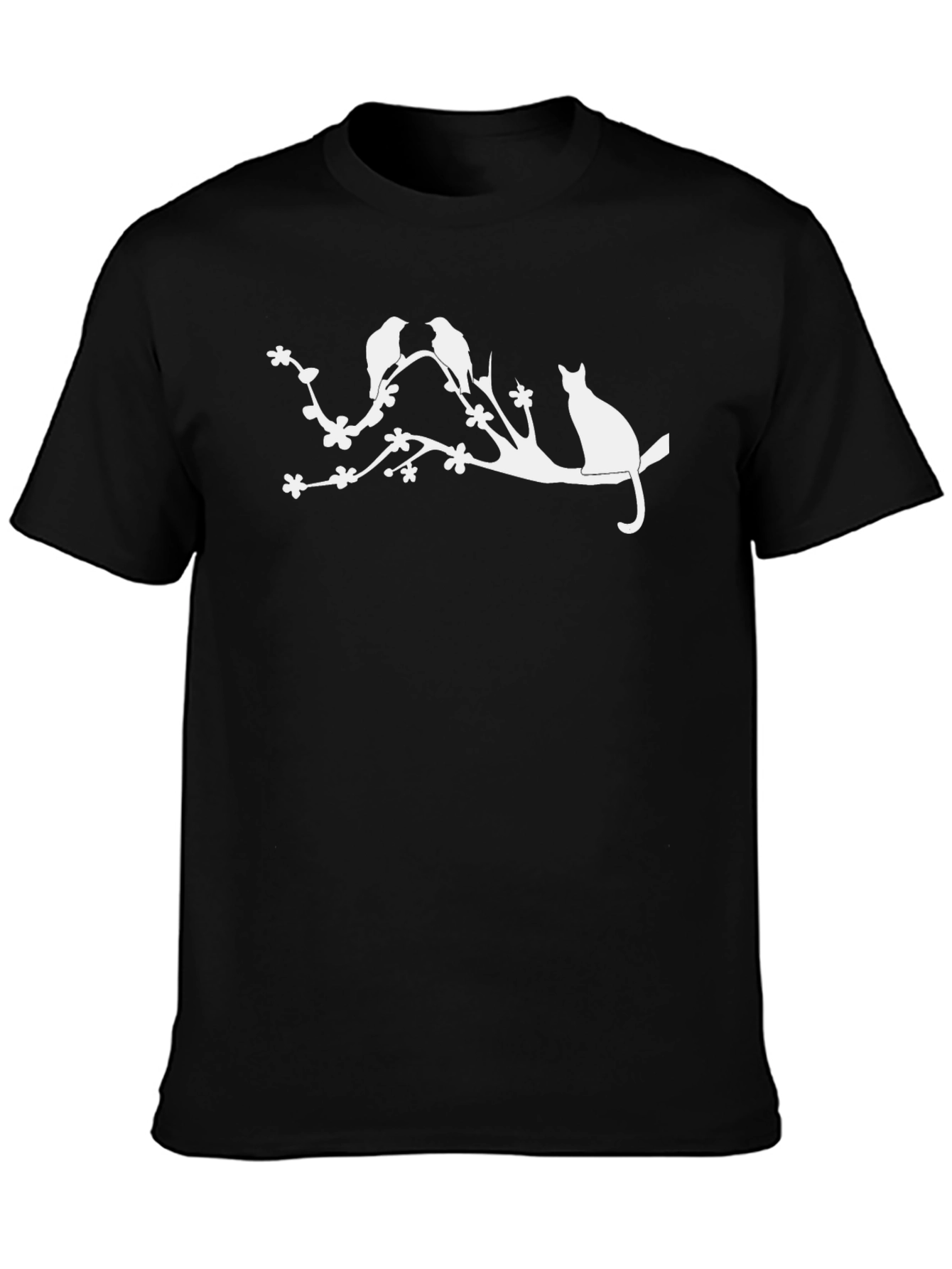 Nature Inspired Black T-Shirt with Cat & Birds