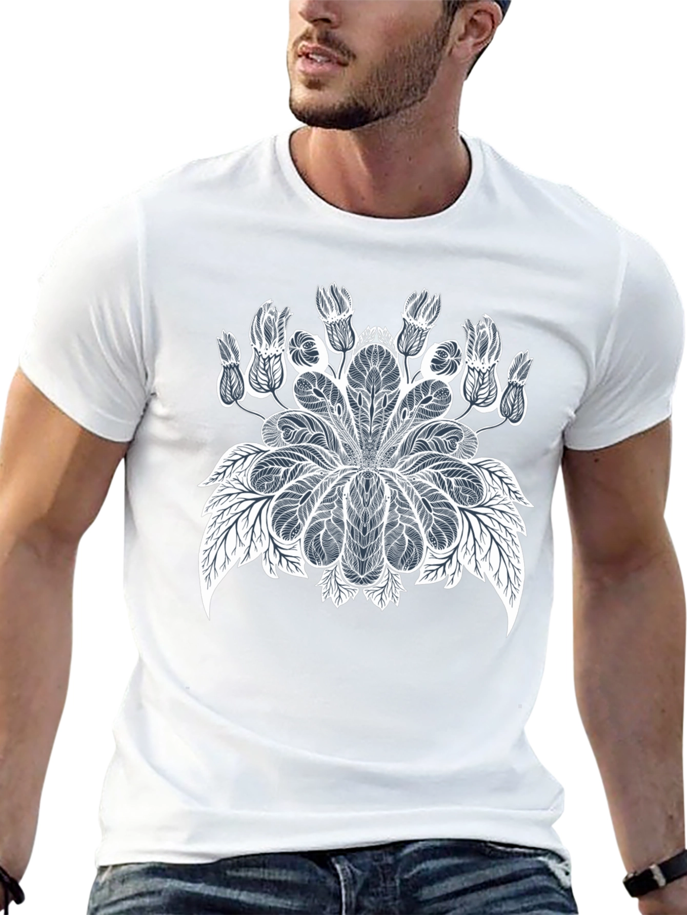 Black T-Shirt with Botanical Mandala Design