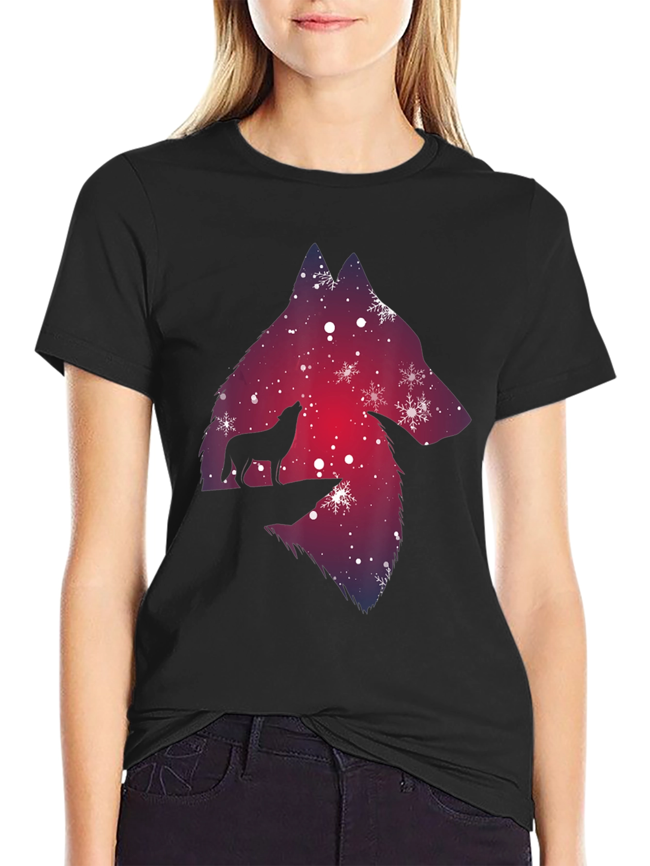 Wolf Silhouette T-Shirt - Winter Night Design
