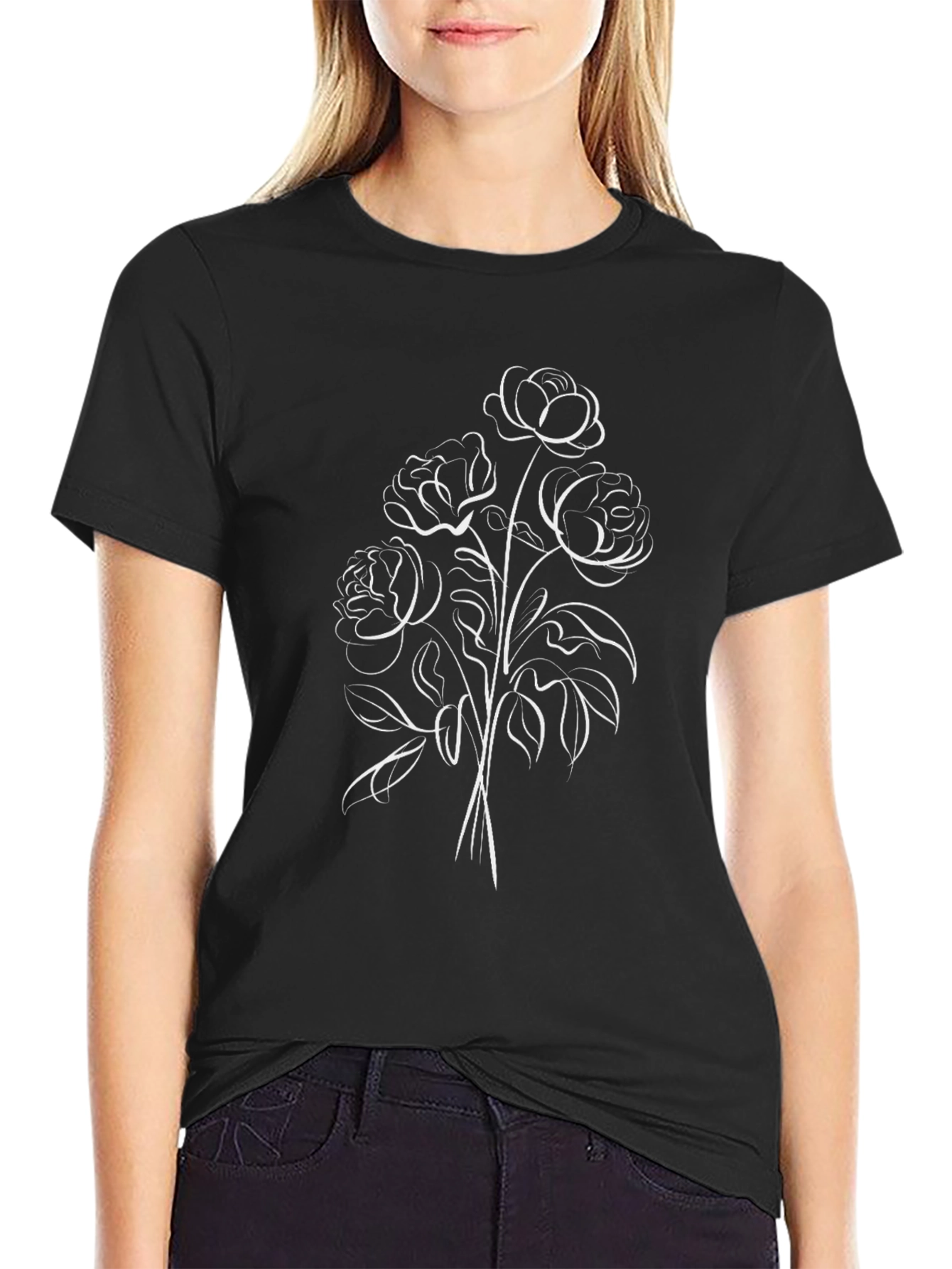 Floral Line Art Black Tee
