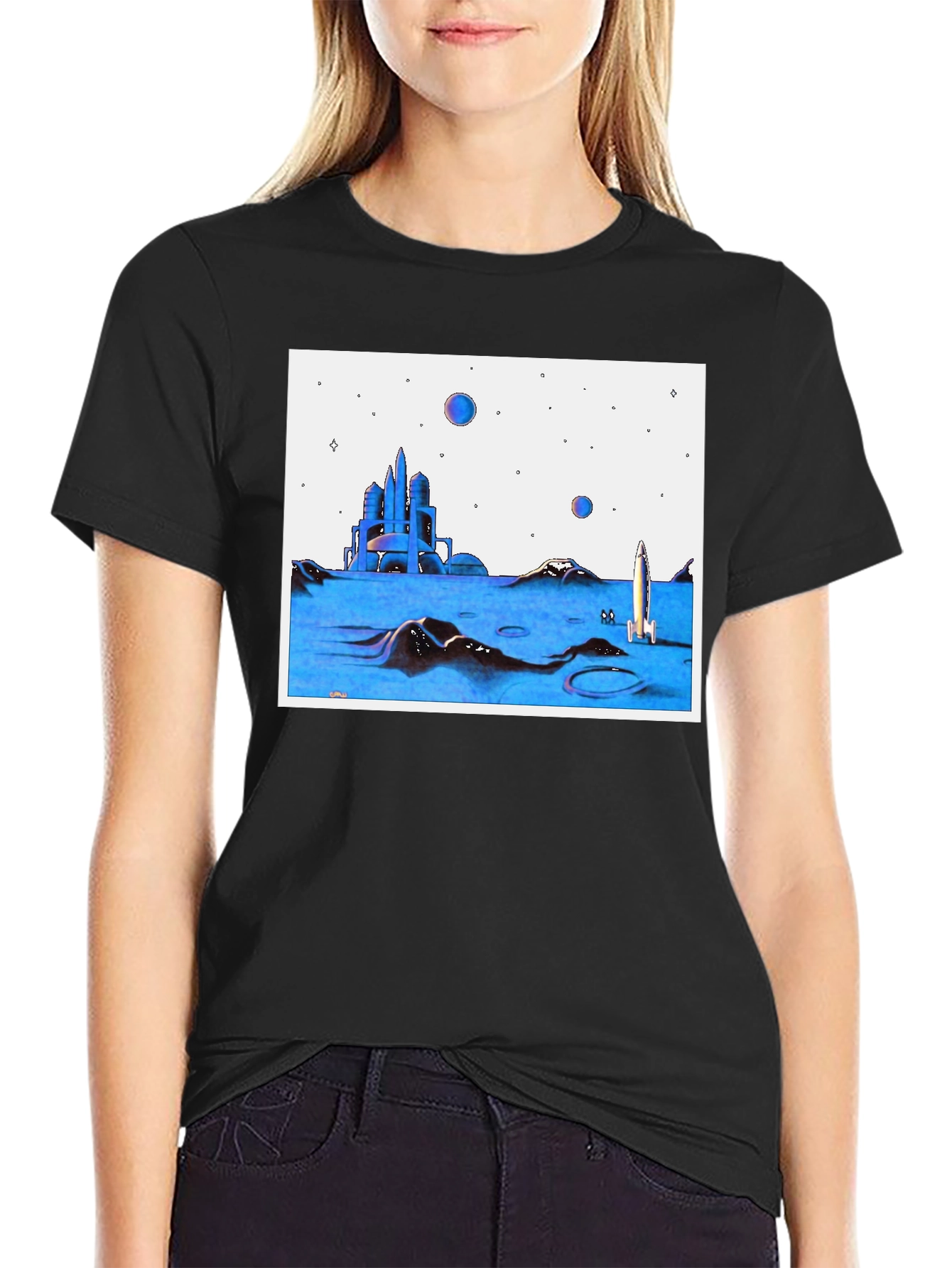 Futuristic Space T-Shirt - Black Crew Neck