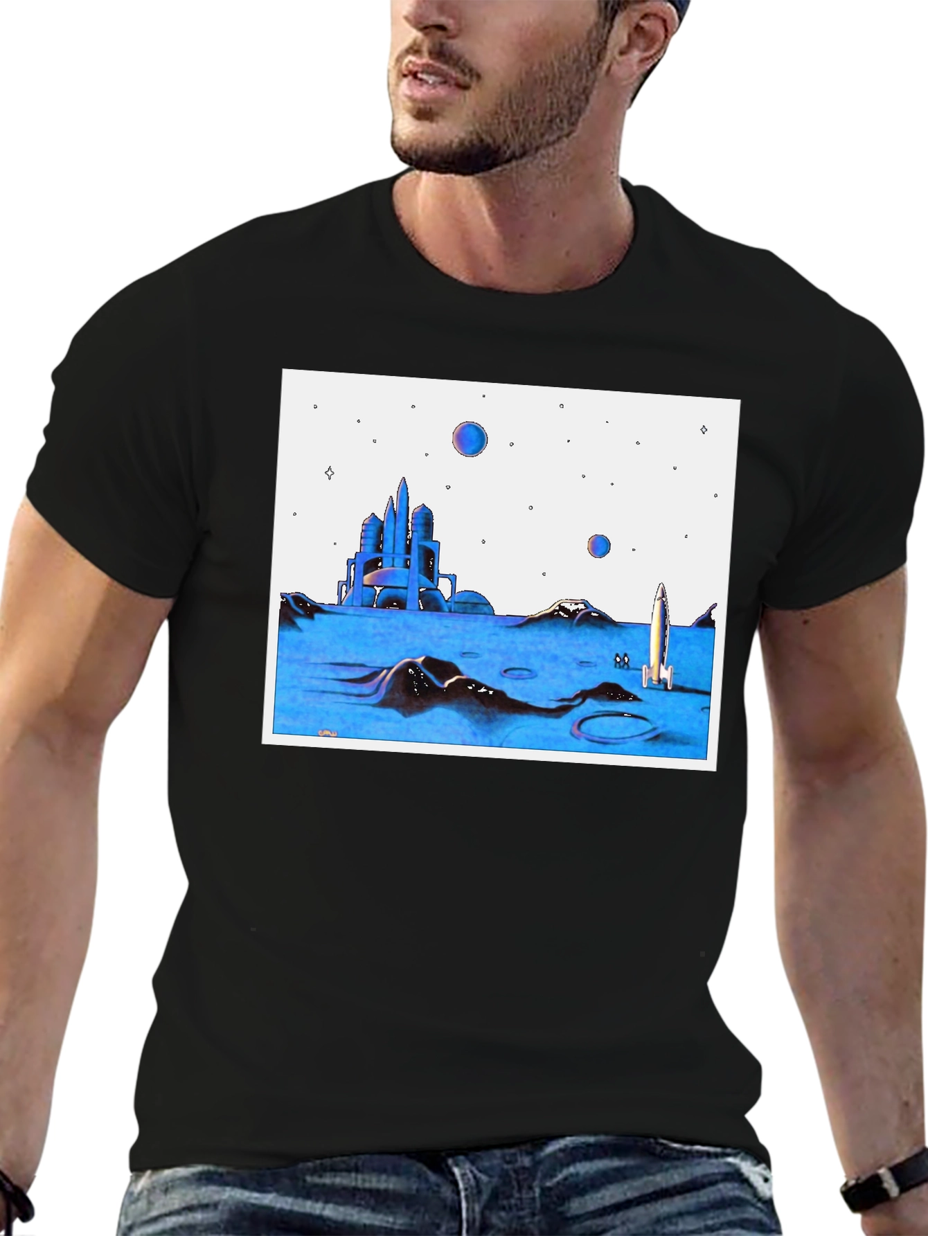 Futuristic Space T-Shirt - Black Crew Neck