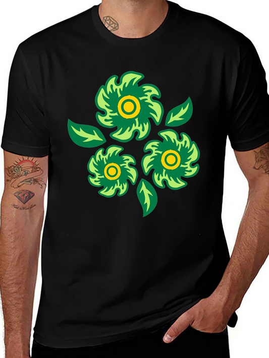 Green Floral Graphic Print Black T-Shirt