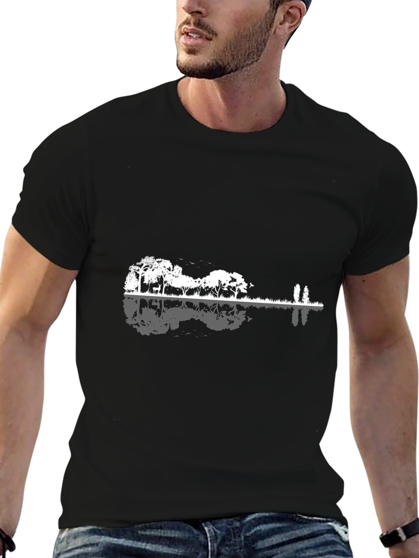 Nature Guitar Graphic Tee - Black Cotton T-Shirt