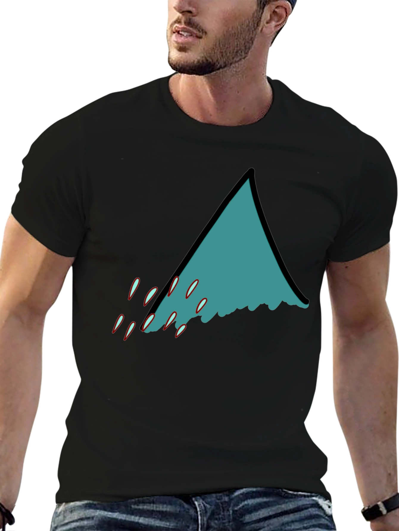 Teal Shark Fin Graphic Black T-Shirt