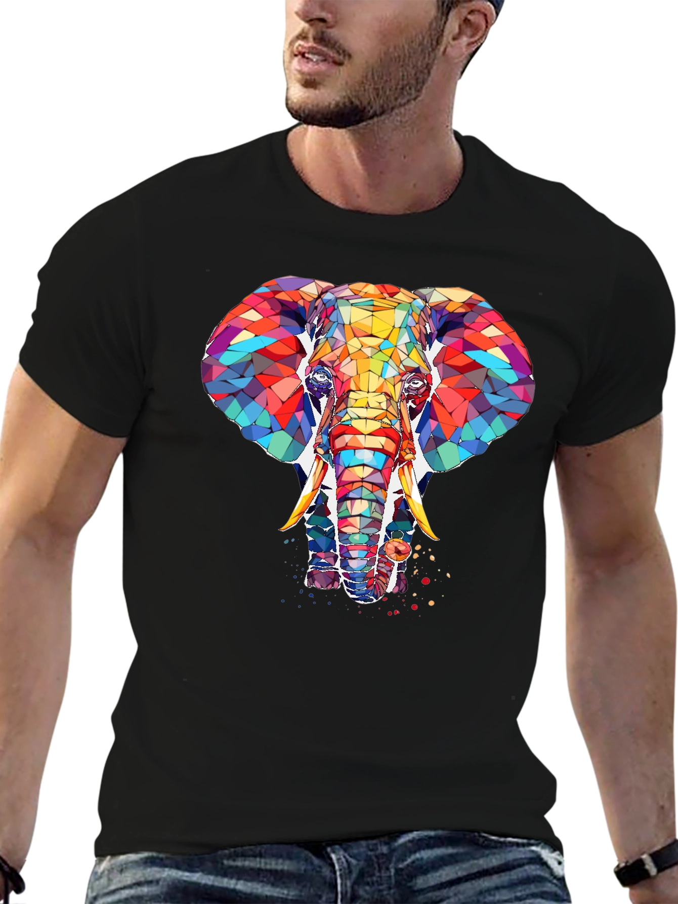 Abstract Elephant Graphic Print Black T-Shirt