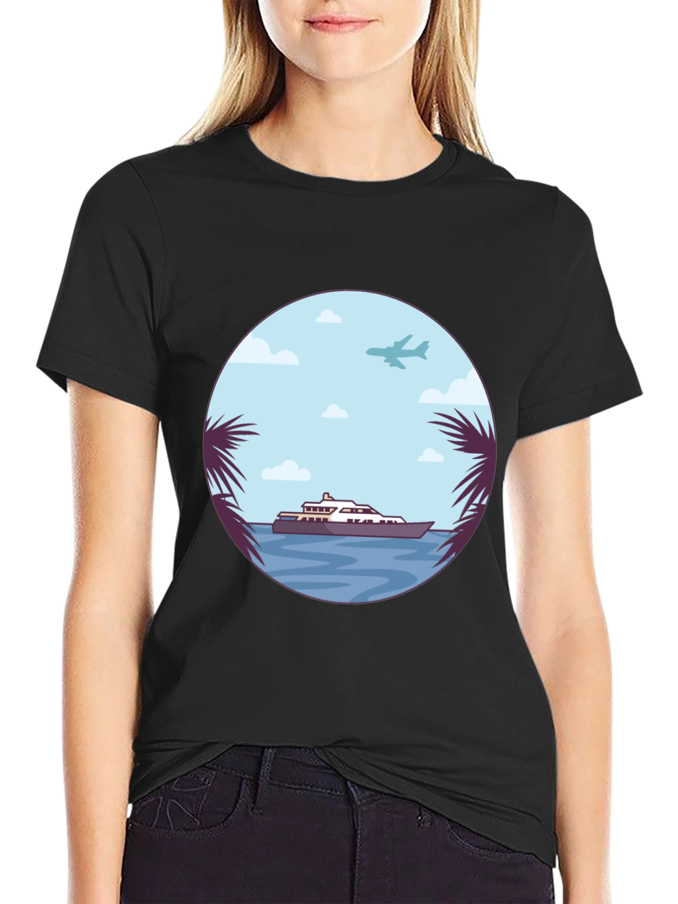 Tropical Getaway T-Shirt - Yacht & Palm Tree Design