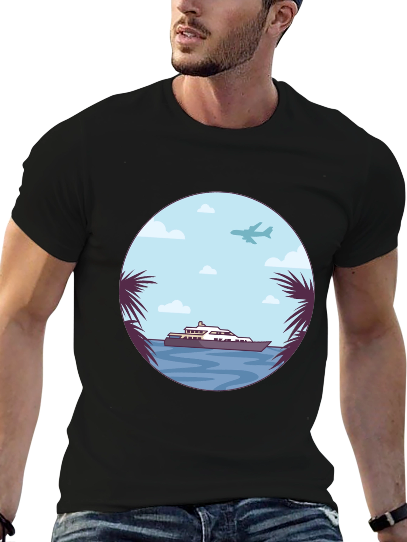 Tropical Getaway T-Shirt - Yacht & Palm Tree Design