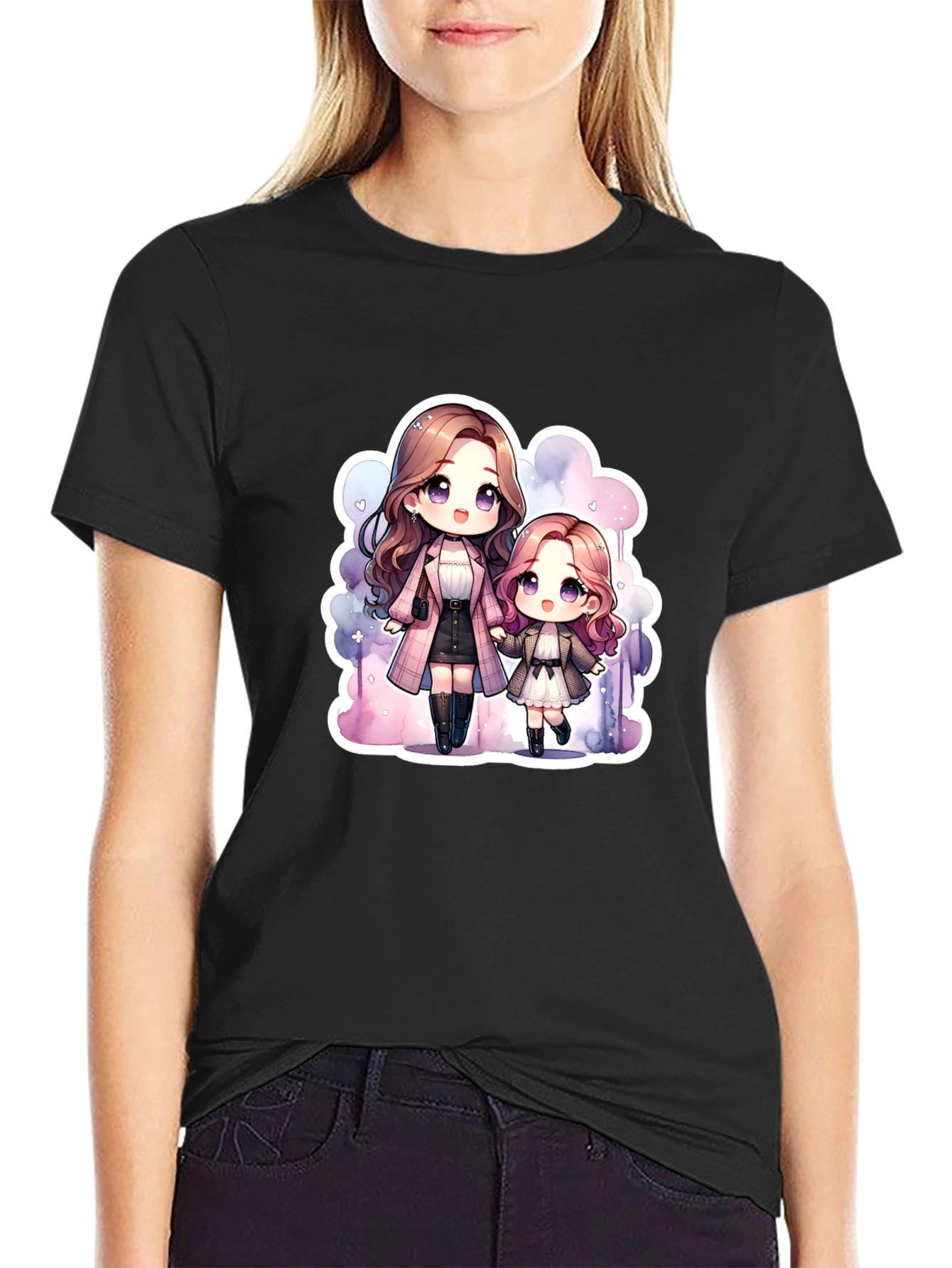 Anime Mom & Daughter Black T-Shirt
