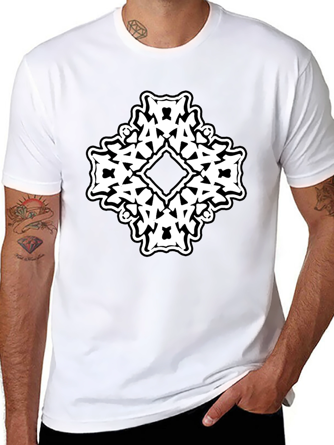 Black T-Shirt with White Abstract Diamond Graphic