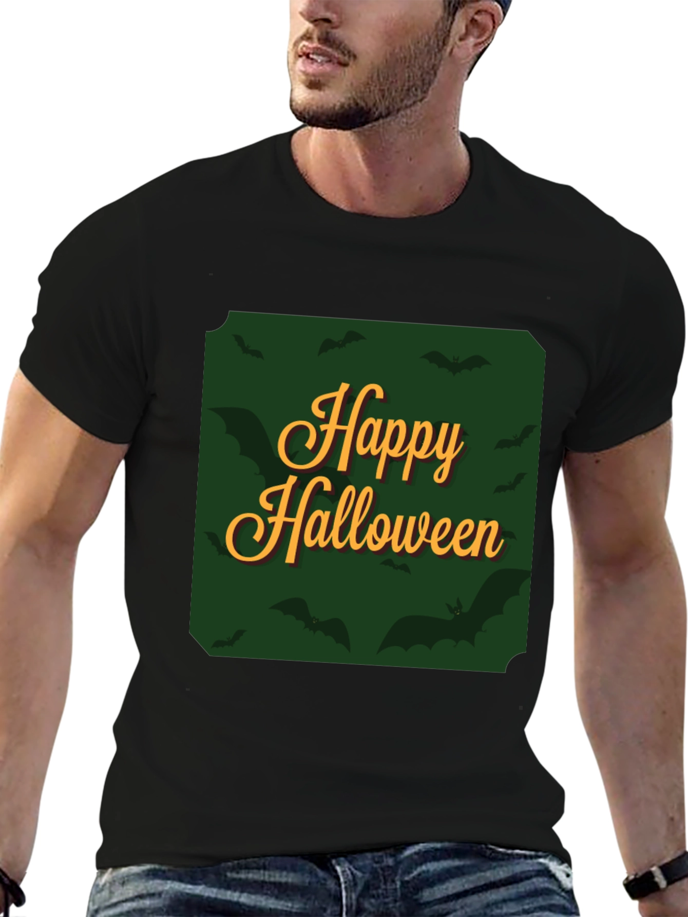 Happy Halloween Bat Graphic Tee - Black
