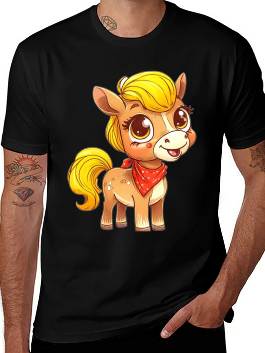 Cute Pony Cartoon Graphic Black T-Shirt