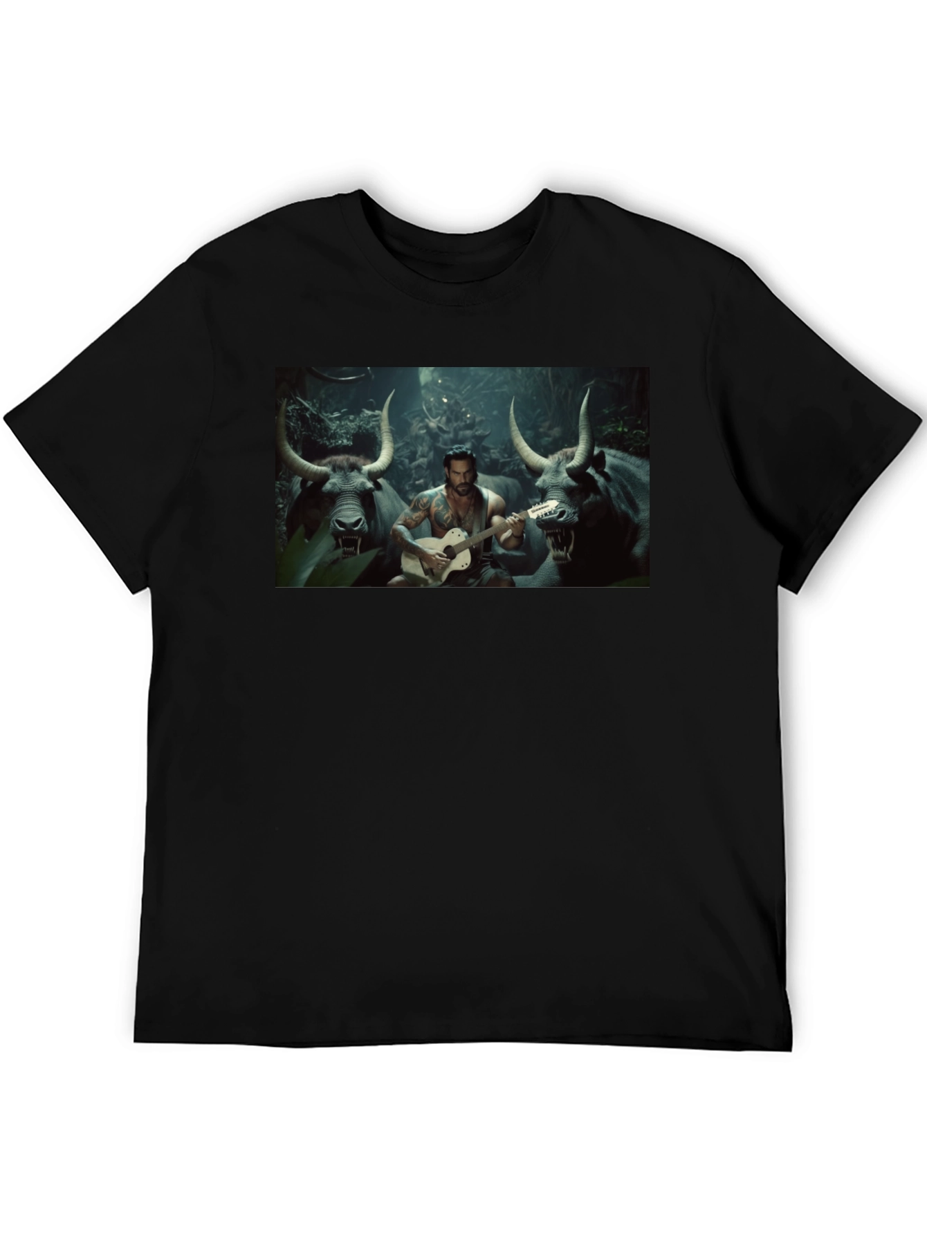 Black T-Shirt with Guitar Playing Bull Illustration