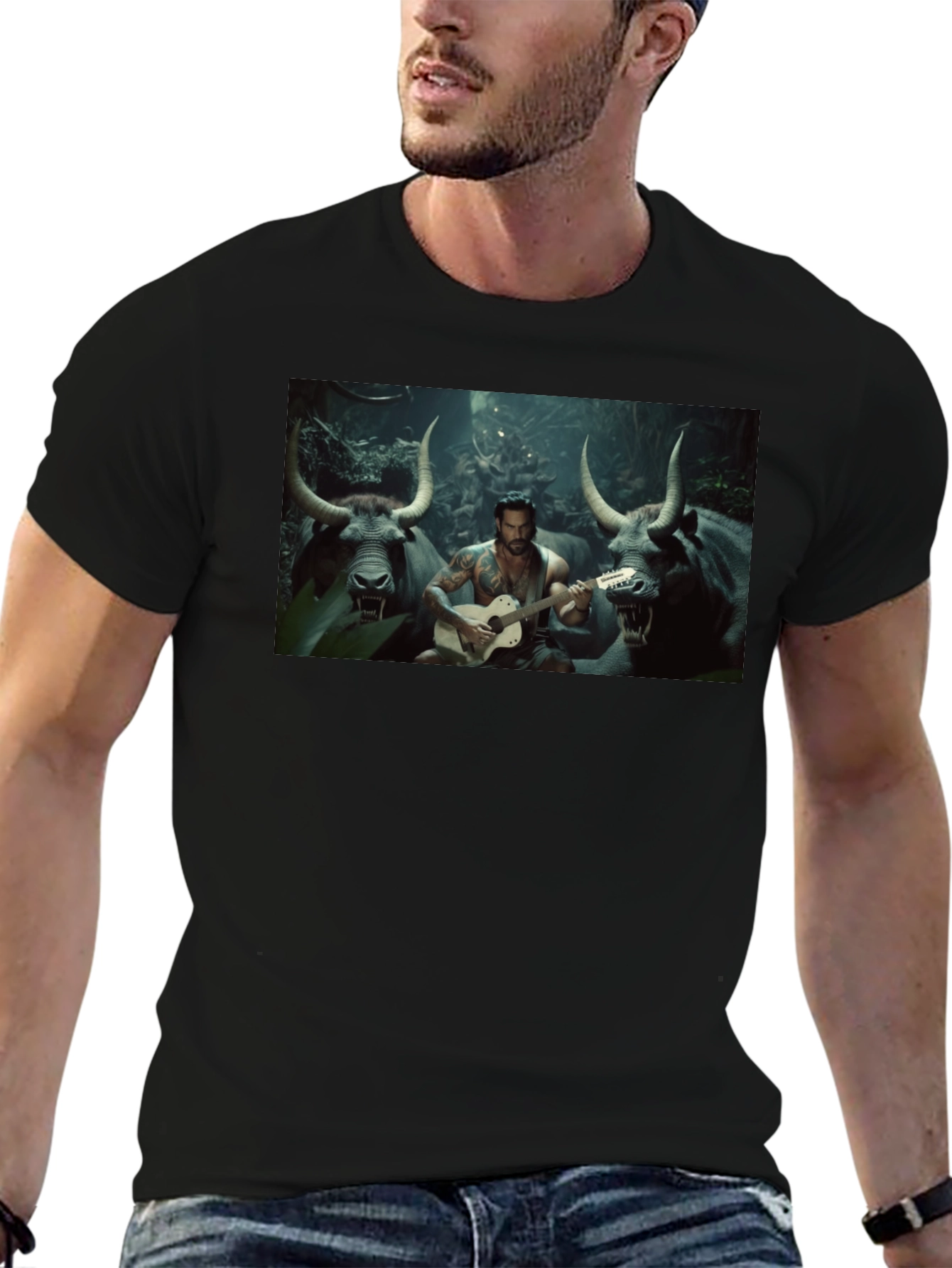 Black T-Shirt with Guitar Playing Bull Illustration