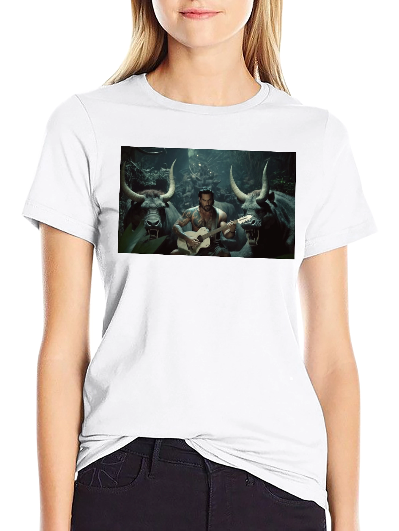 Black T-Shirt with Guitar Playing Bull Illustration
