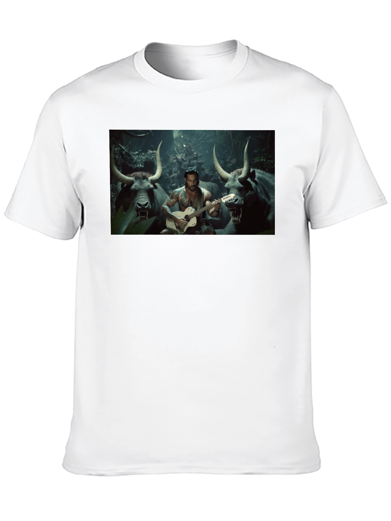 Black T-Shirt with Guitar Playing Bull Illustration