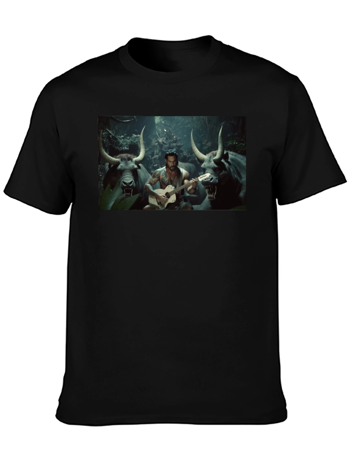 Black T-Shirt with Guitar Playing Bull Illustration
