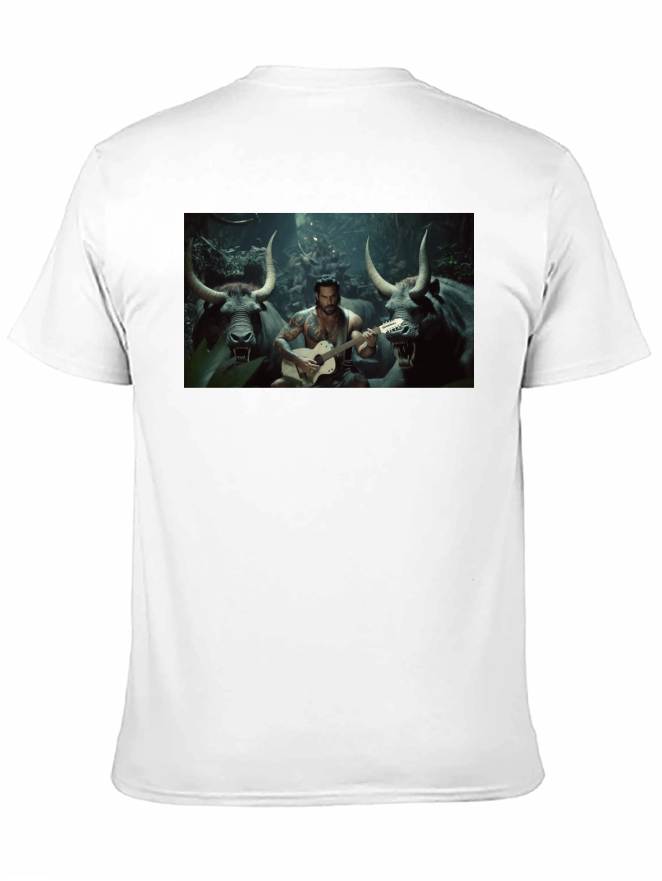 Black T-Shirt with Guitar Playing Bull Illustration