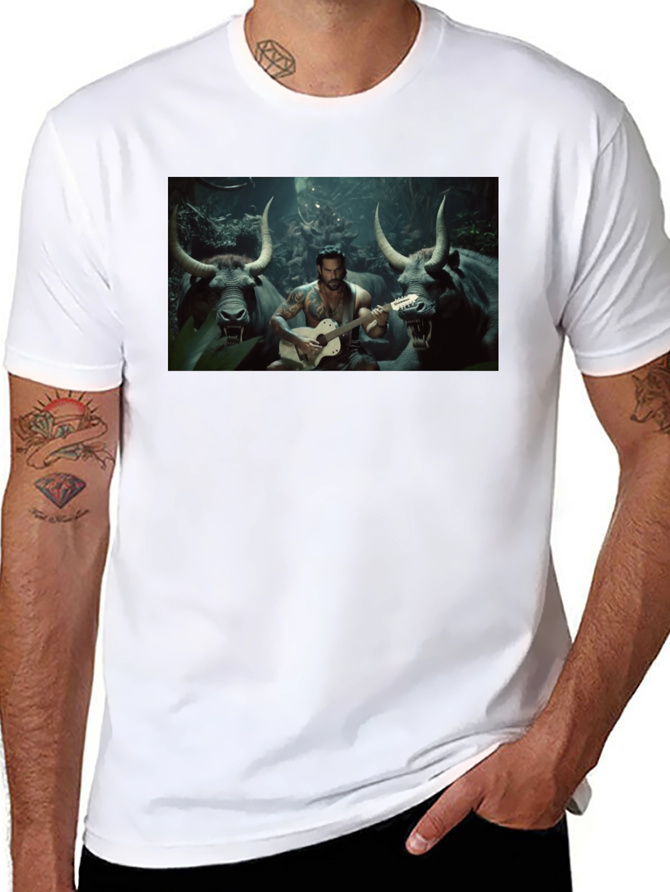 Black T-Shirt with Guitar Playing Bull Illustration