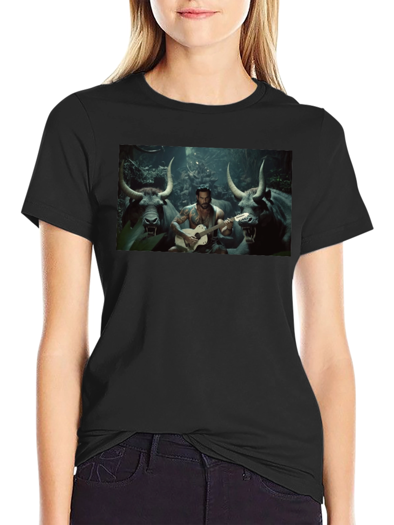 Black T-Shirt with Guitar Playing Bull Illustration