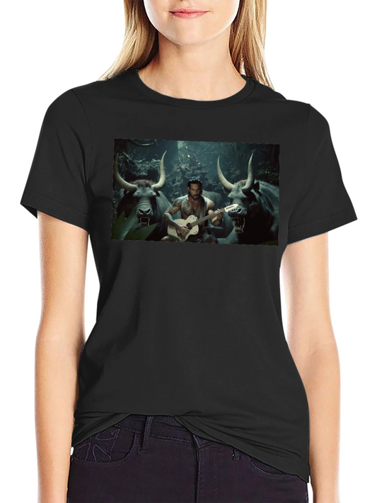 Black T-Shirt with Guitar Playing Bull Illustration