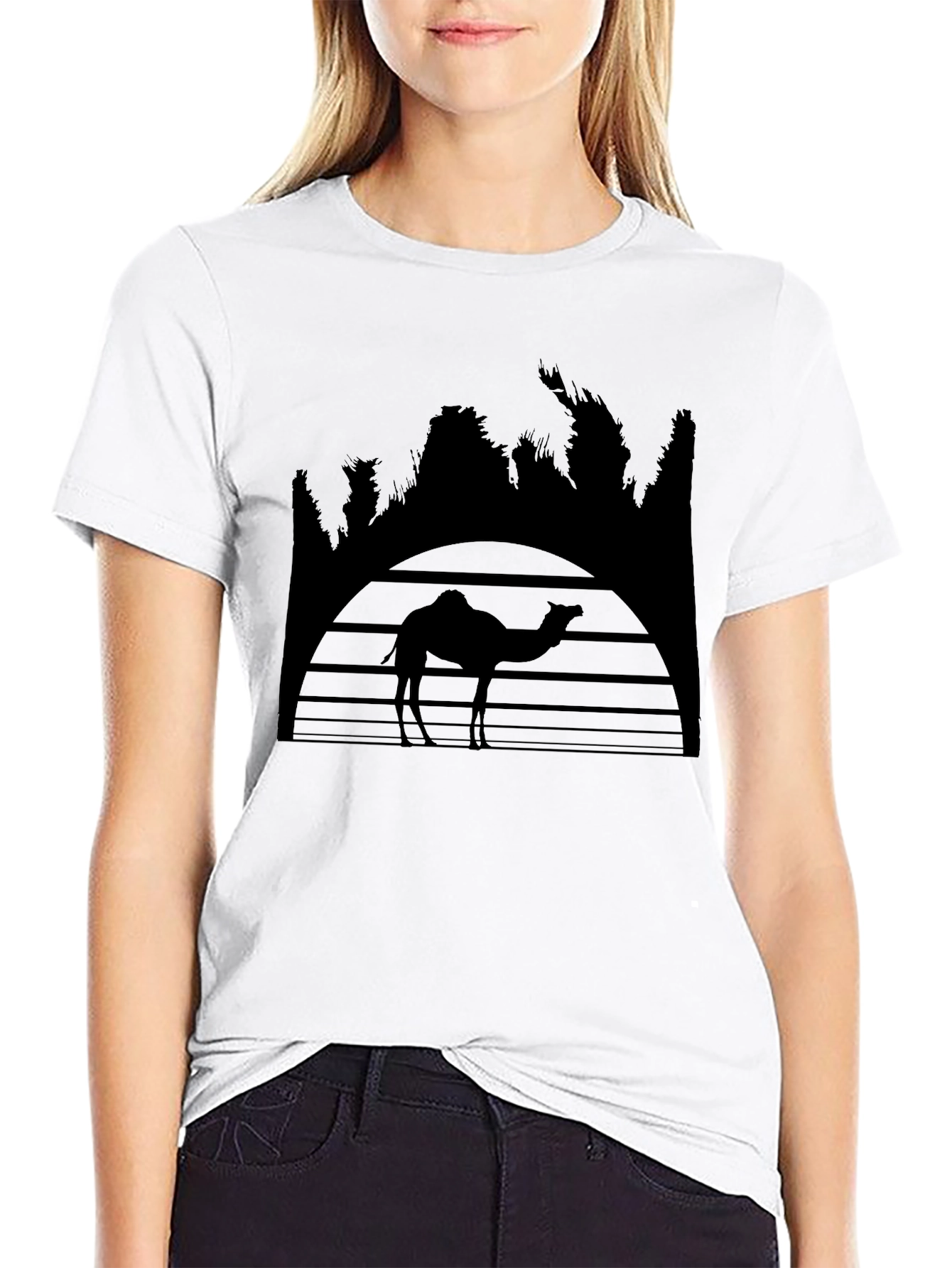 Camel Silhouette Graphic T-Shirt - Desert Sunset Design