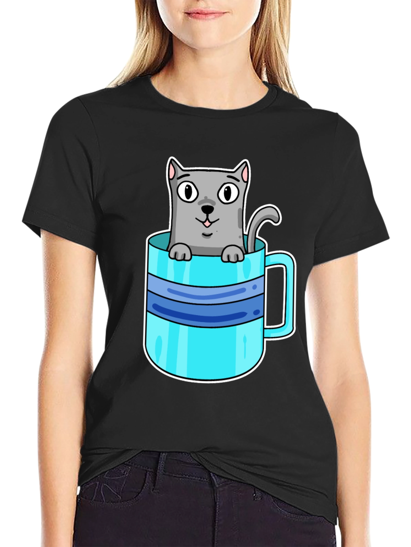 Cute Cat in a Cup Graphic T-Shirt