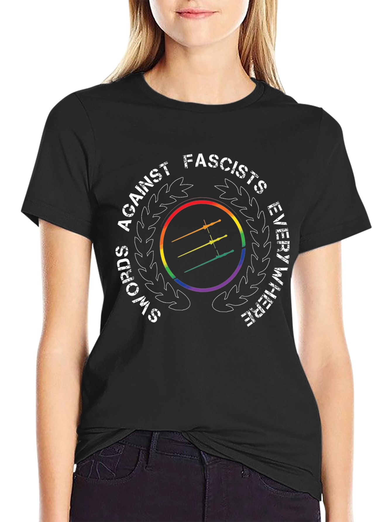 Swords Against Fascists Everywhere Rainbow T-Shirt