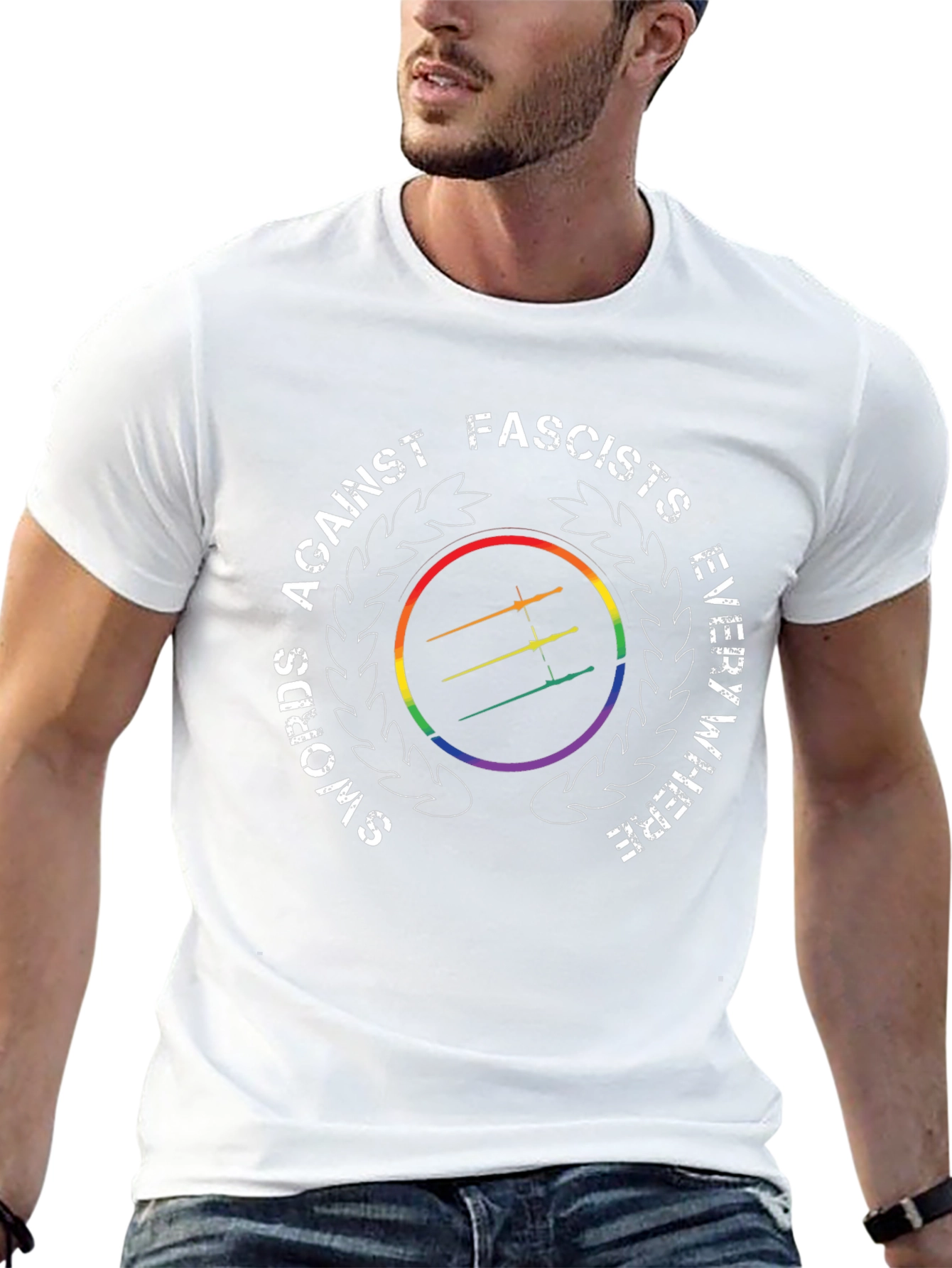 Swords Against Fascists Everywhere Rainbow T-Shirt